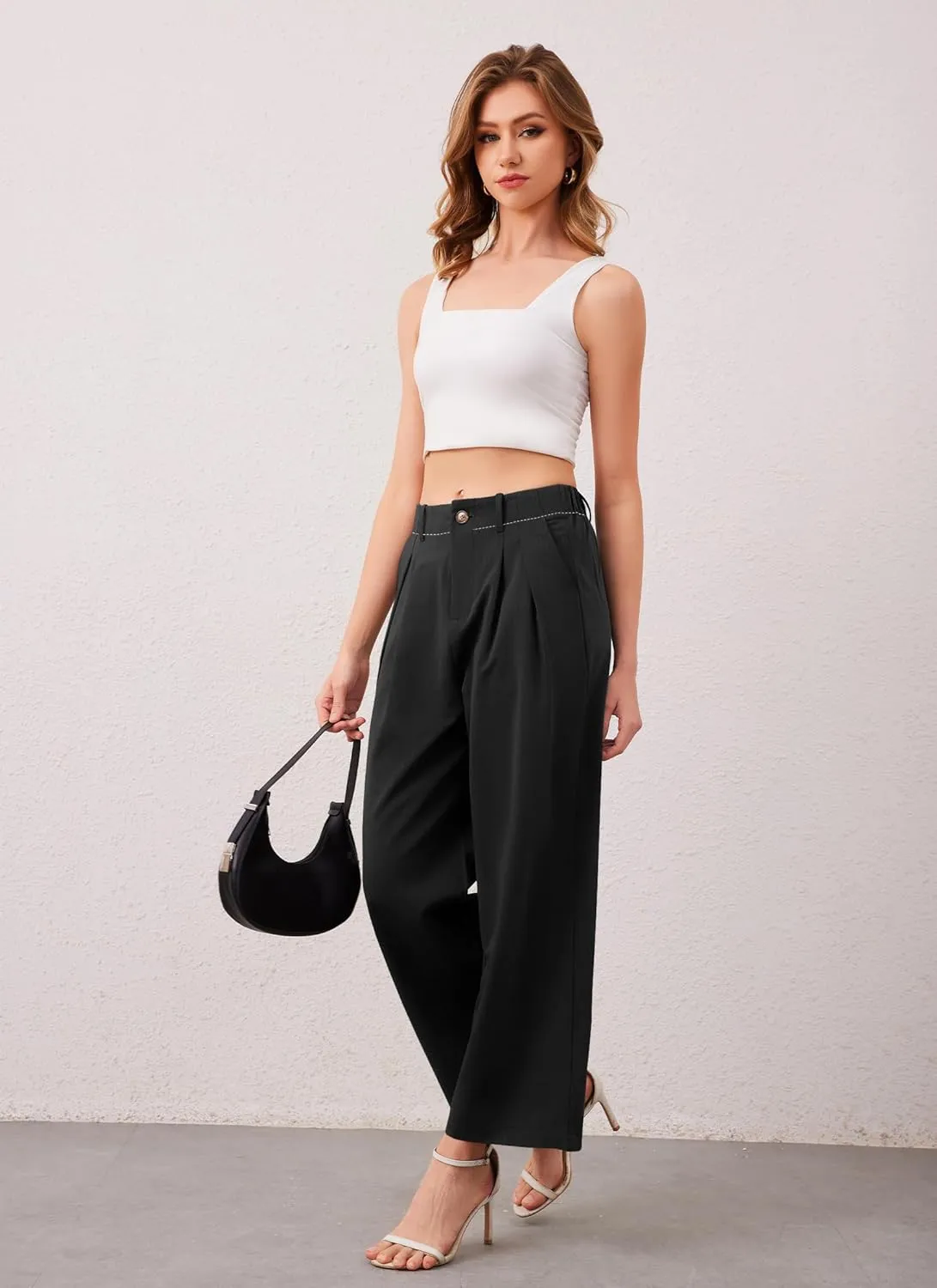 HVT Womens Work Pants High Waisted Straight Leg Pleated Pants Casual Loose Business Fluid Trousers with Pockets