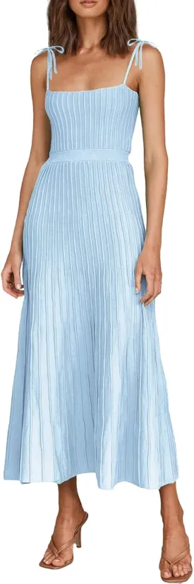 IDOPIP Women's Square Neck Ribbed Knit Maxi Dress Casual Sleeveless Adjustable Spaghetti Straps Dress Summer Drop Waist Party Long Dress Elegant Knitted Striped Pleated Dress Light Blue M