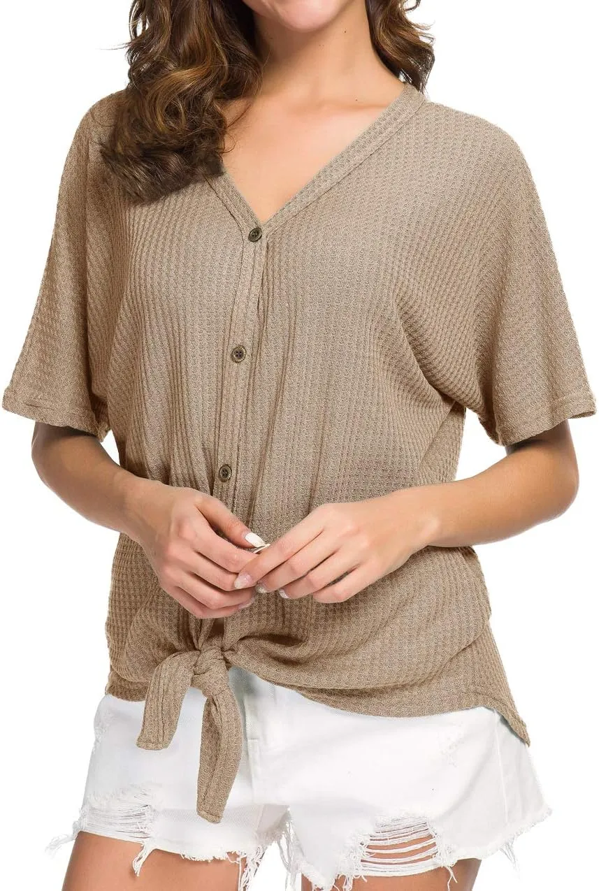 IWOLLENCE Women's Waffle Knit Tunic Blouse Tie Knot Short Sleeve Henley Tops Loose Fitting Bat Wing Shirts