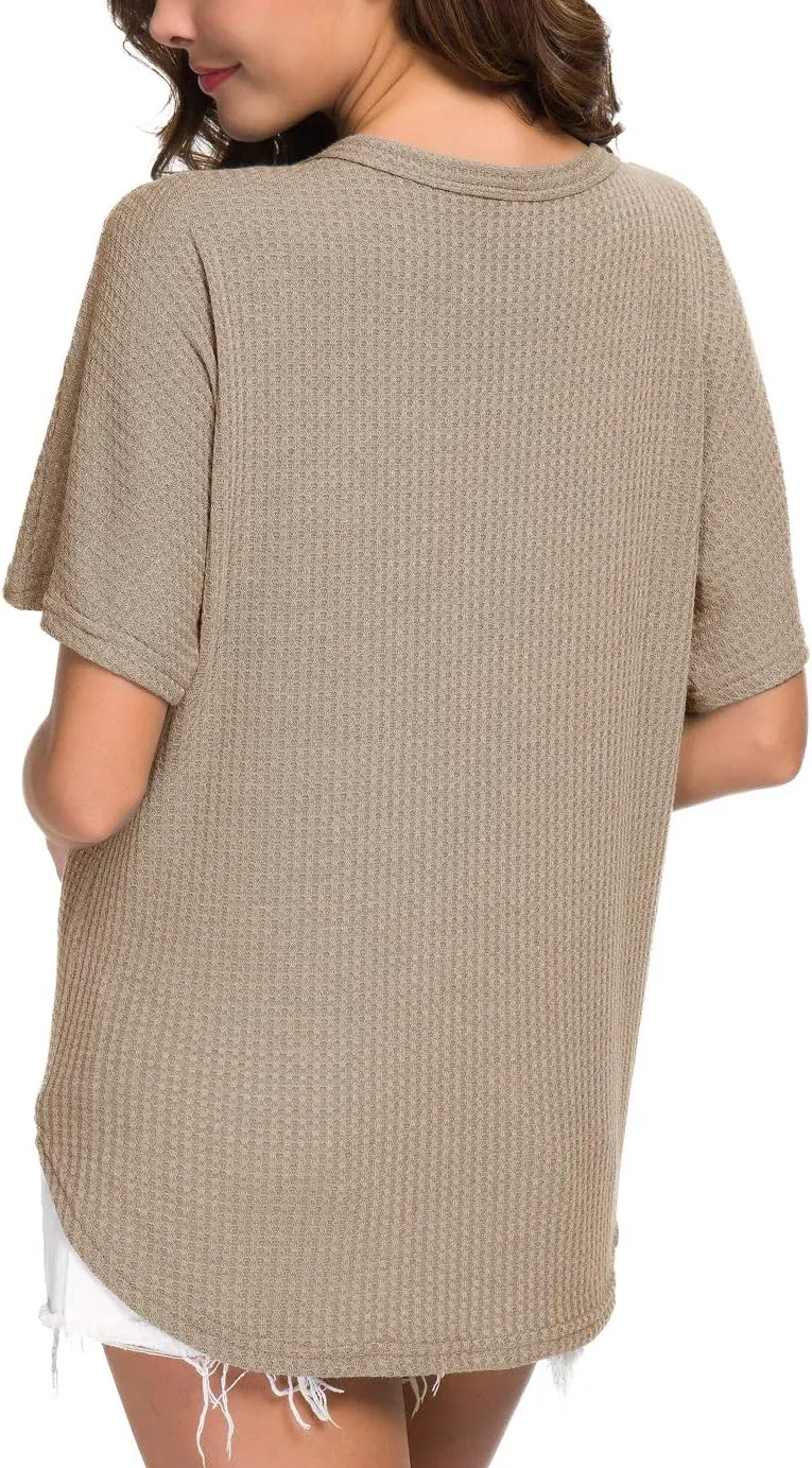 IWOLLENCE Women's Waffle Knit Tunic Blouse Tie Knot Short Sleeve Henley Tops Loose Fitting Bat Wing Shirts