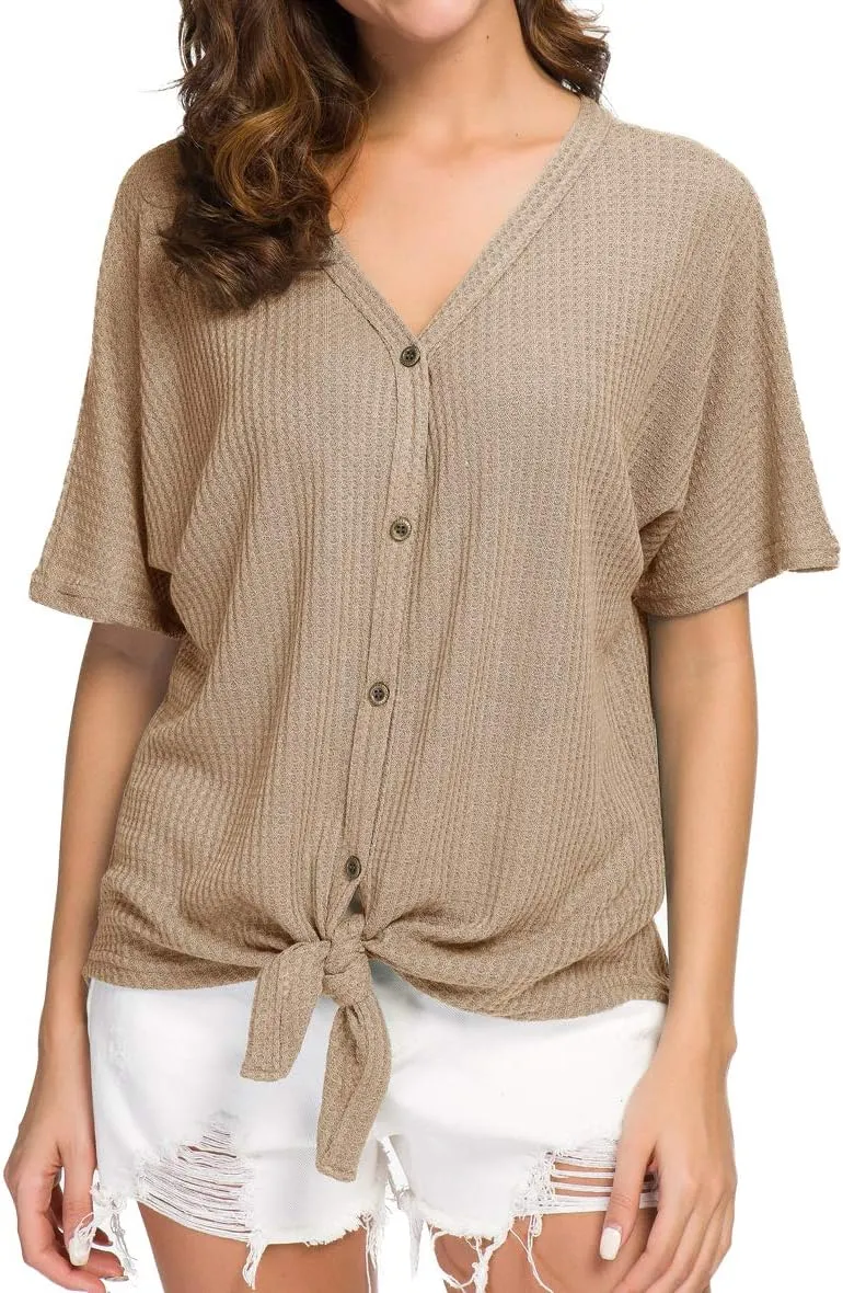 IWOLLENCE Women's Waffle Knit Tunic Blouse Tie Knot Short Sleeve Henley Tops Loose Fitting Bat Wing Shirts