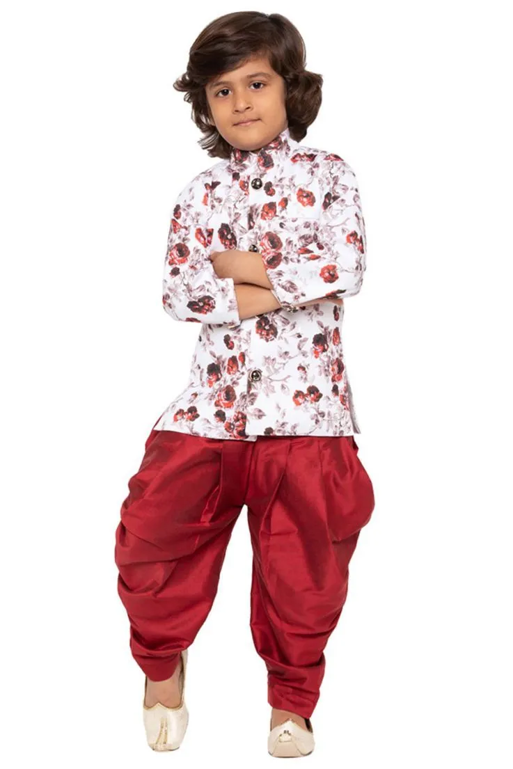 Jashvi Boys' Maroon Cotton Silk Kurta and Dhoti Set