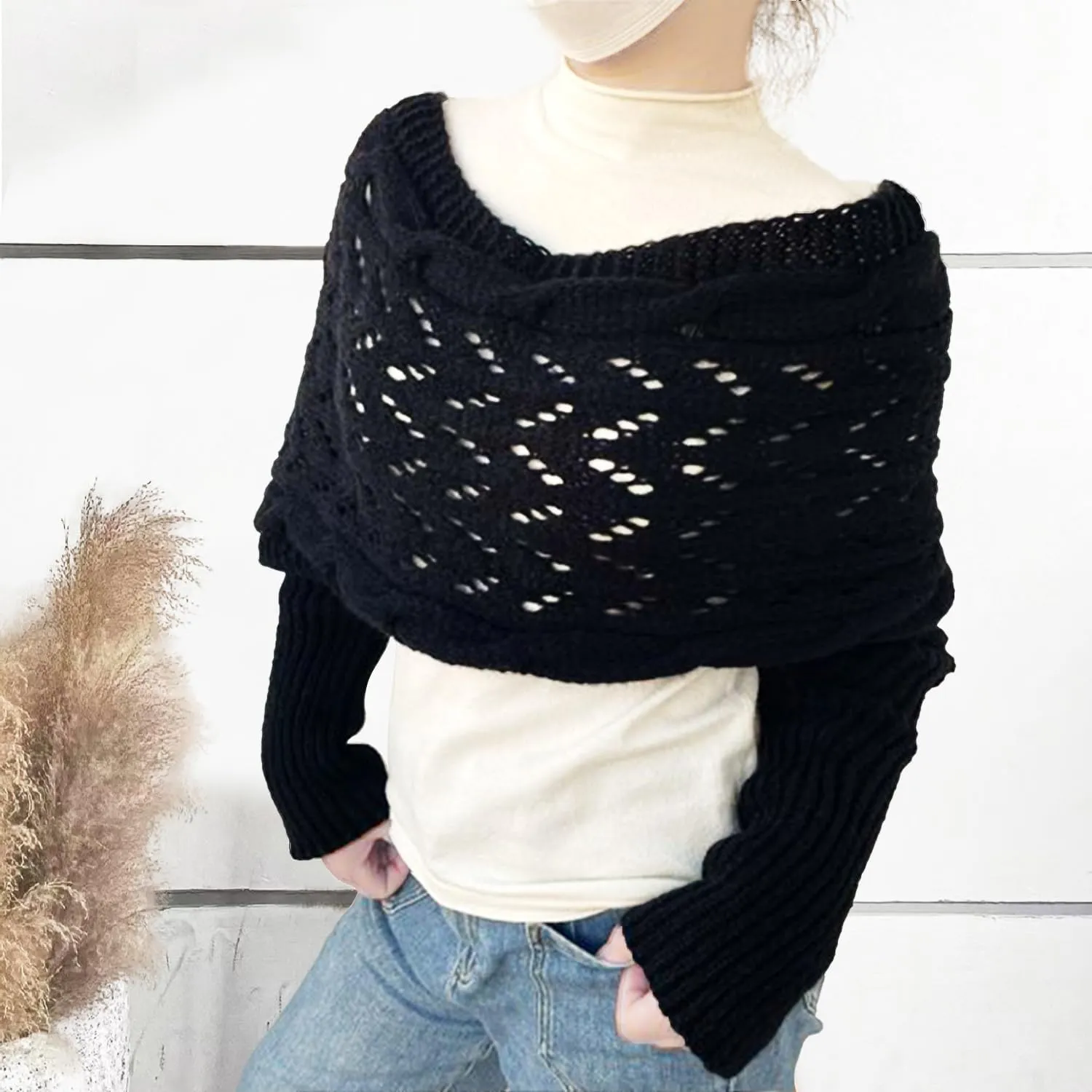 Knitted Cable Wrap,Shrugs for Women,Knitted Wrap,Scarf with Sleeves for Women,Sweater Scarf with Sleeves(Black)