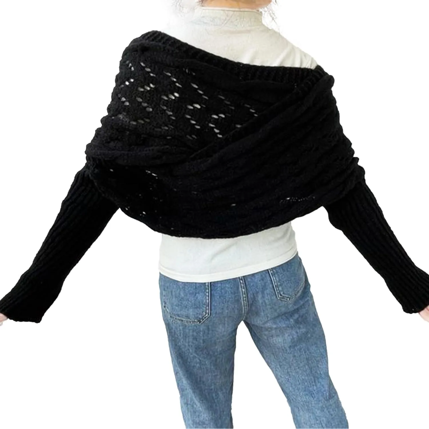 Knitted Cable Wrap,Shrugs for Women,Knitted Wrap,Scarf with Sleeves for Women,Sweater Scarf with Sleeves(Black)