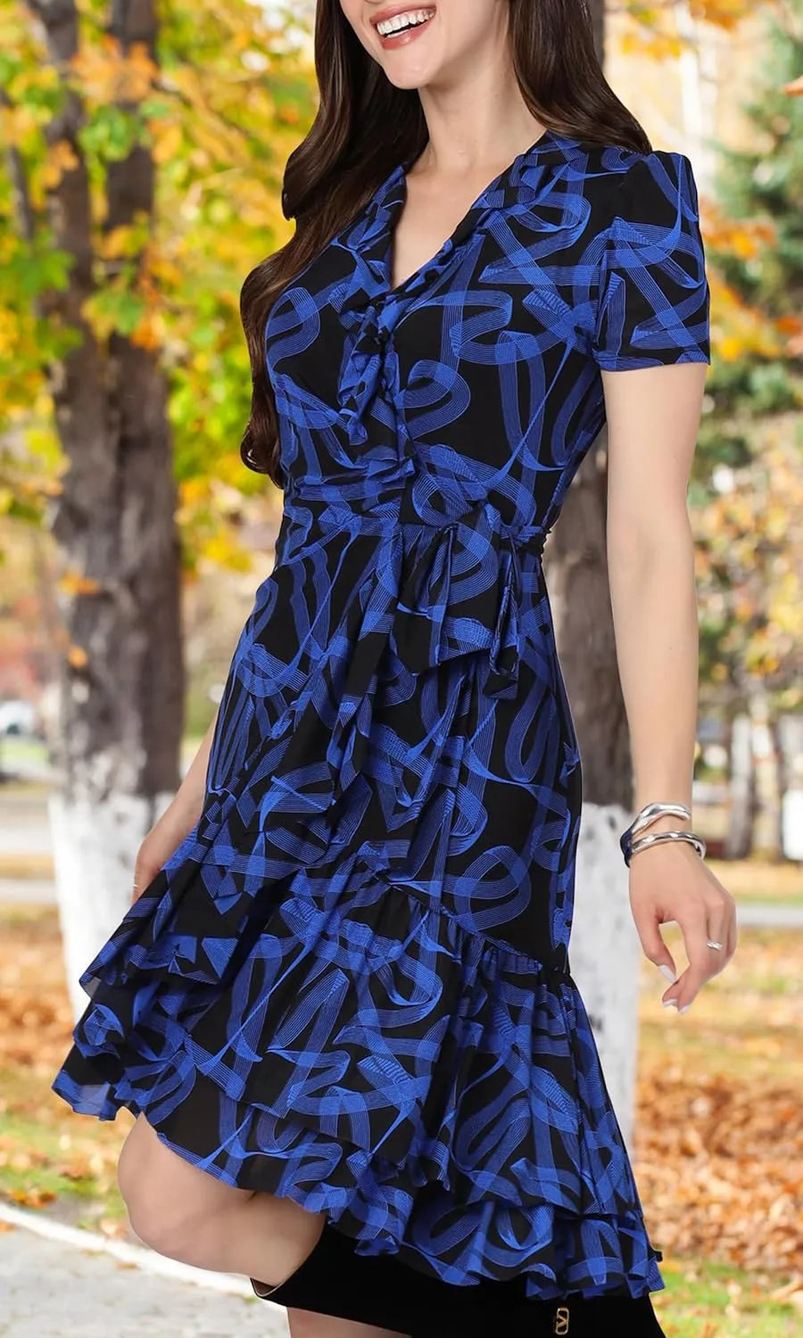 KOH KOH Womens 2025 Short Sleeve Wrap Ruffled Wedding Guest Print Mini Dress