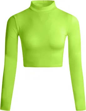LONGBIDA Women's Long Sleeve Mock Neck Pure Soft Thin Sexy Stretch Crop TOP T Shirt