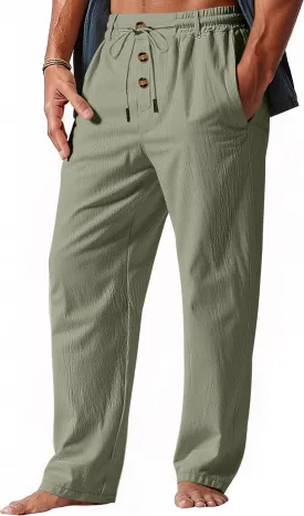 Mens Casual Linen Pants Loose Fit Elastic Drawstring Waist Straight-Legs Summer Yoga Beach Long Pants