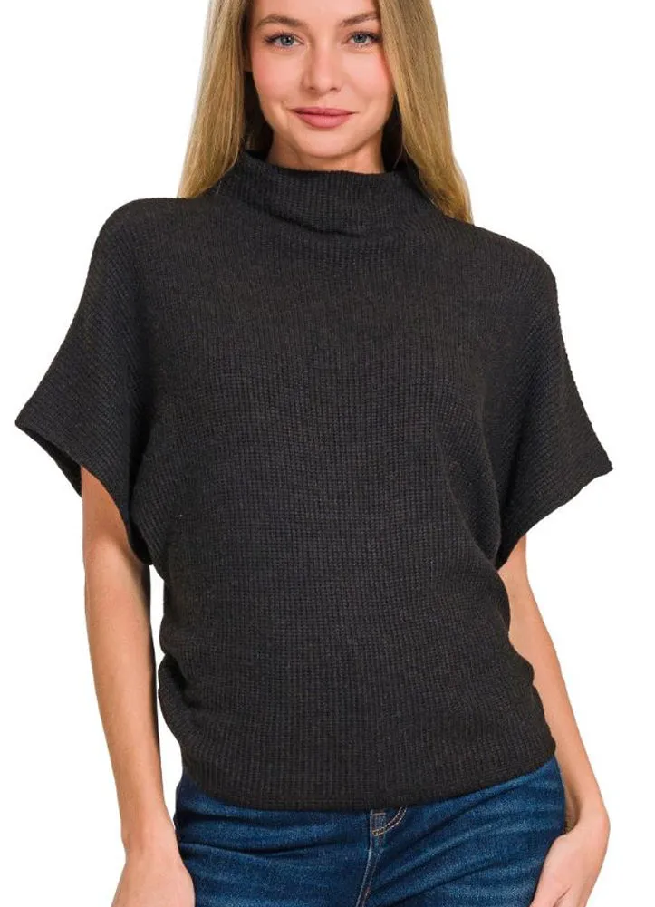 Mock Neck Sweater Side Shirred in Black by Zenana