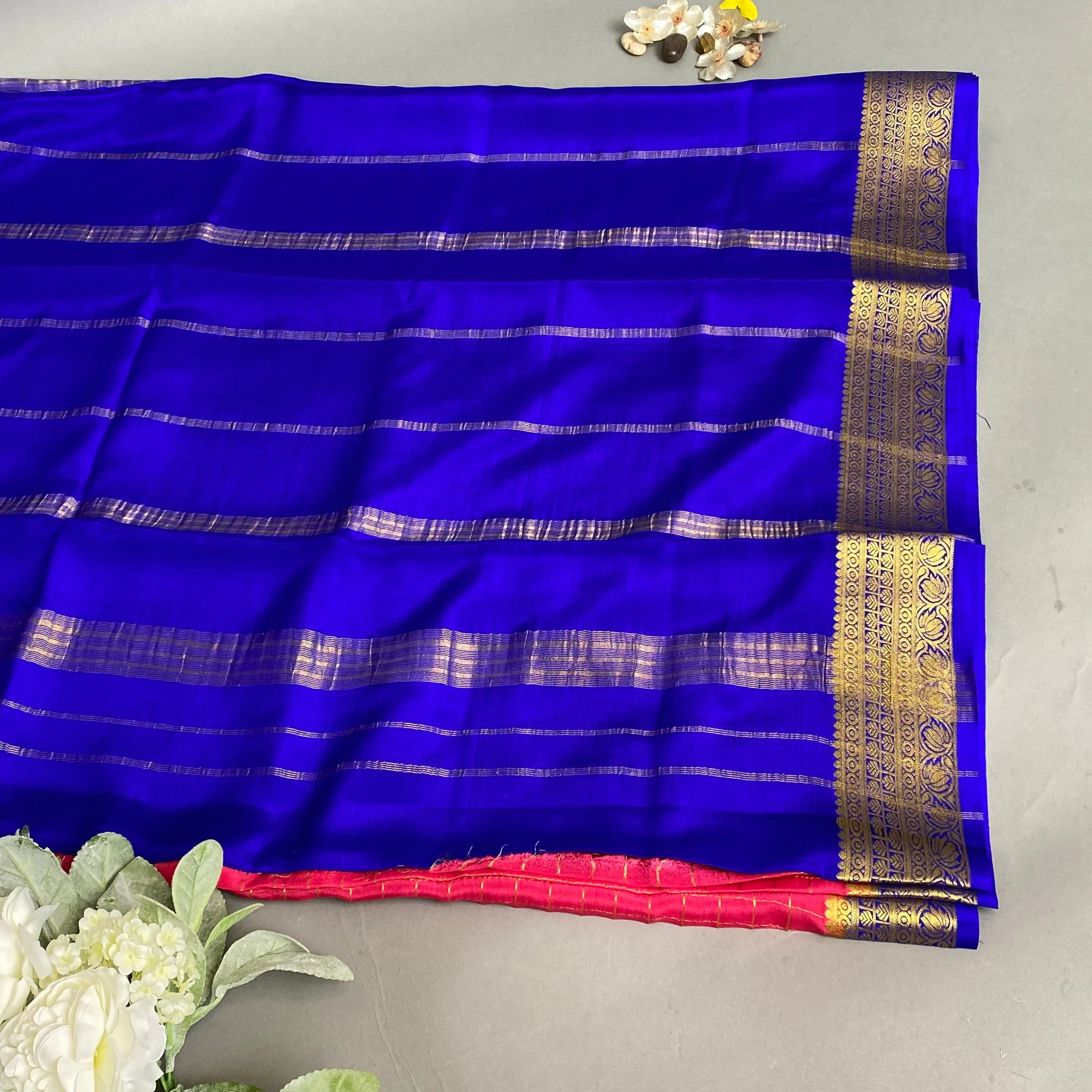 Mysore Silk Saree- Deep Peach with overall gold box checks and Contrast Blue w/ (Attached Blouse Piece)