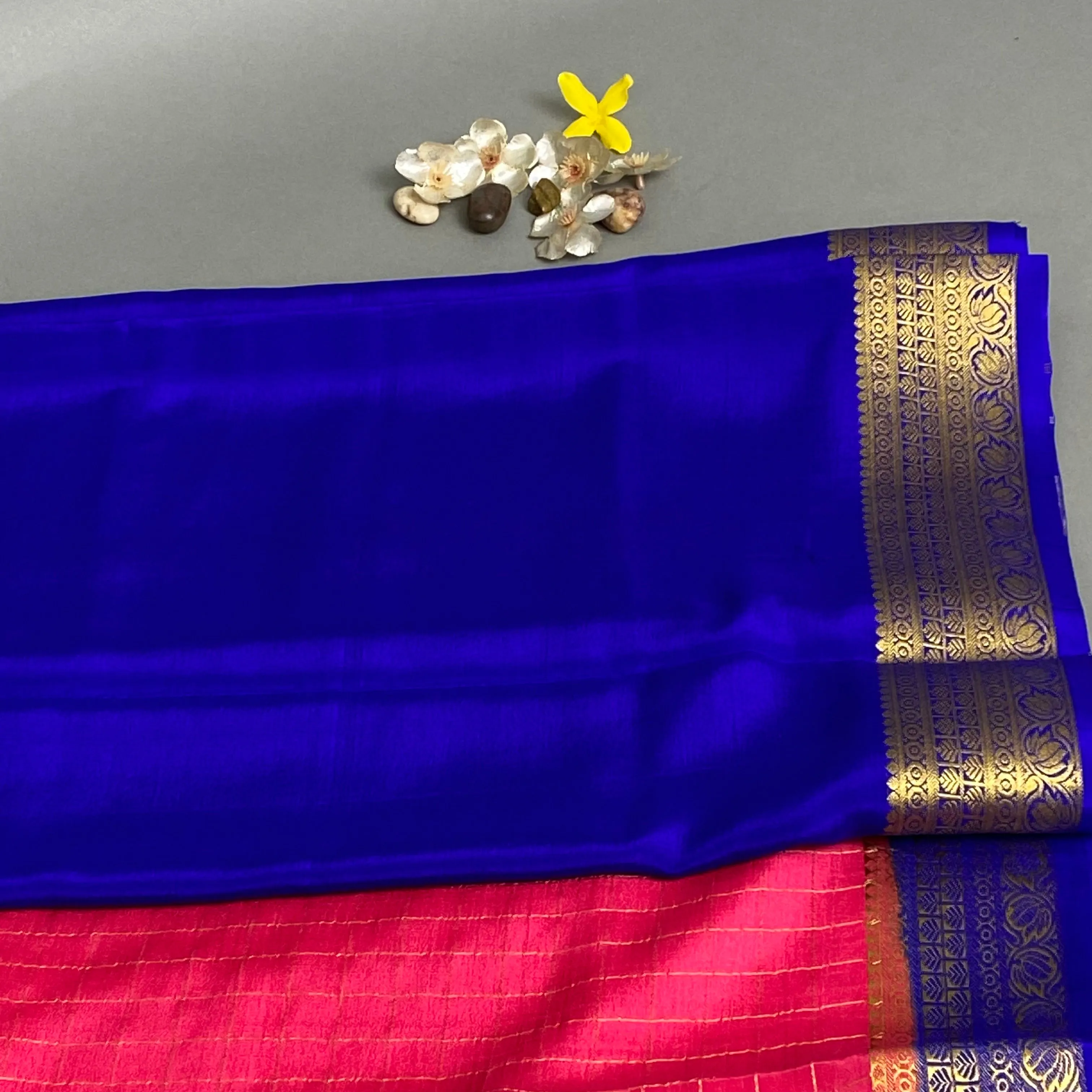 Mysore Silk Saree- Deep Peach with overall gold box checks and Contrast Blue w/ (Attached Blouse Piece)