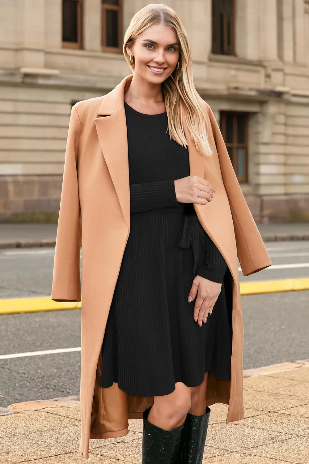 Newshows Women's 2024 Fall Sweater Dress Long Sleeve Casual Outfits A-Line Ribbed Knit Belt Skater Dress Trendy with Pockets