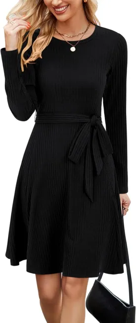 Newshows Women's 2024 Fall Sweater Dress Long Sleeve Casual Outfits A-Line Ribbed Knit Belt Skater Dress Trendy with Pockets