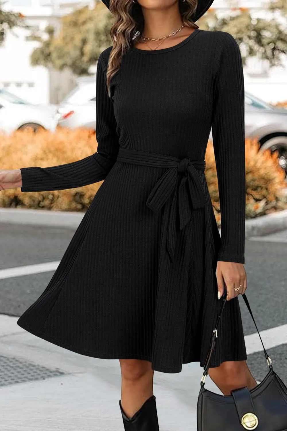 Newshows Women's 2024 Fall Sweater Dress Long Sleeve Casual Outfits A-Line Ribbed Knit Belt Skater Dress Trendy with Pockets