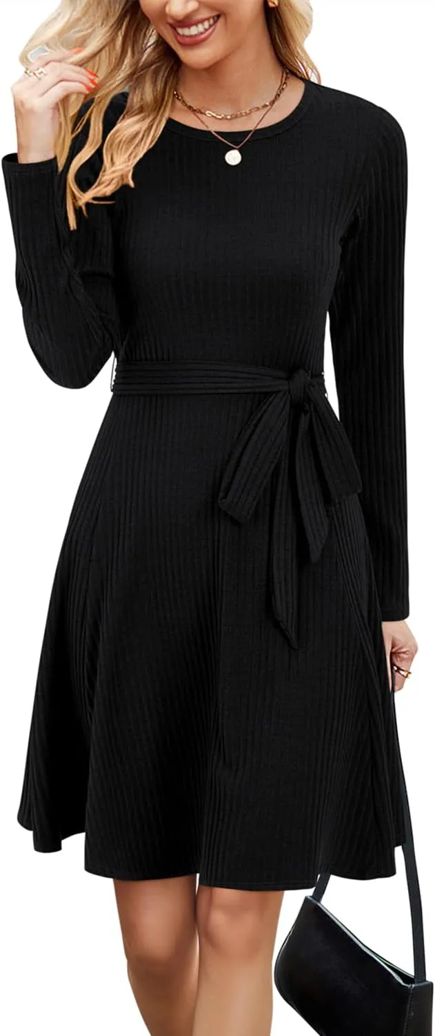 Newshows Women's 2024 Fall Sweater Dress Long Sleeve Casual Outfits A-Line Ribbed Knit Belt Skater Dress Trendy with Pockets