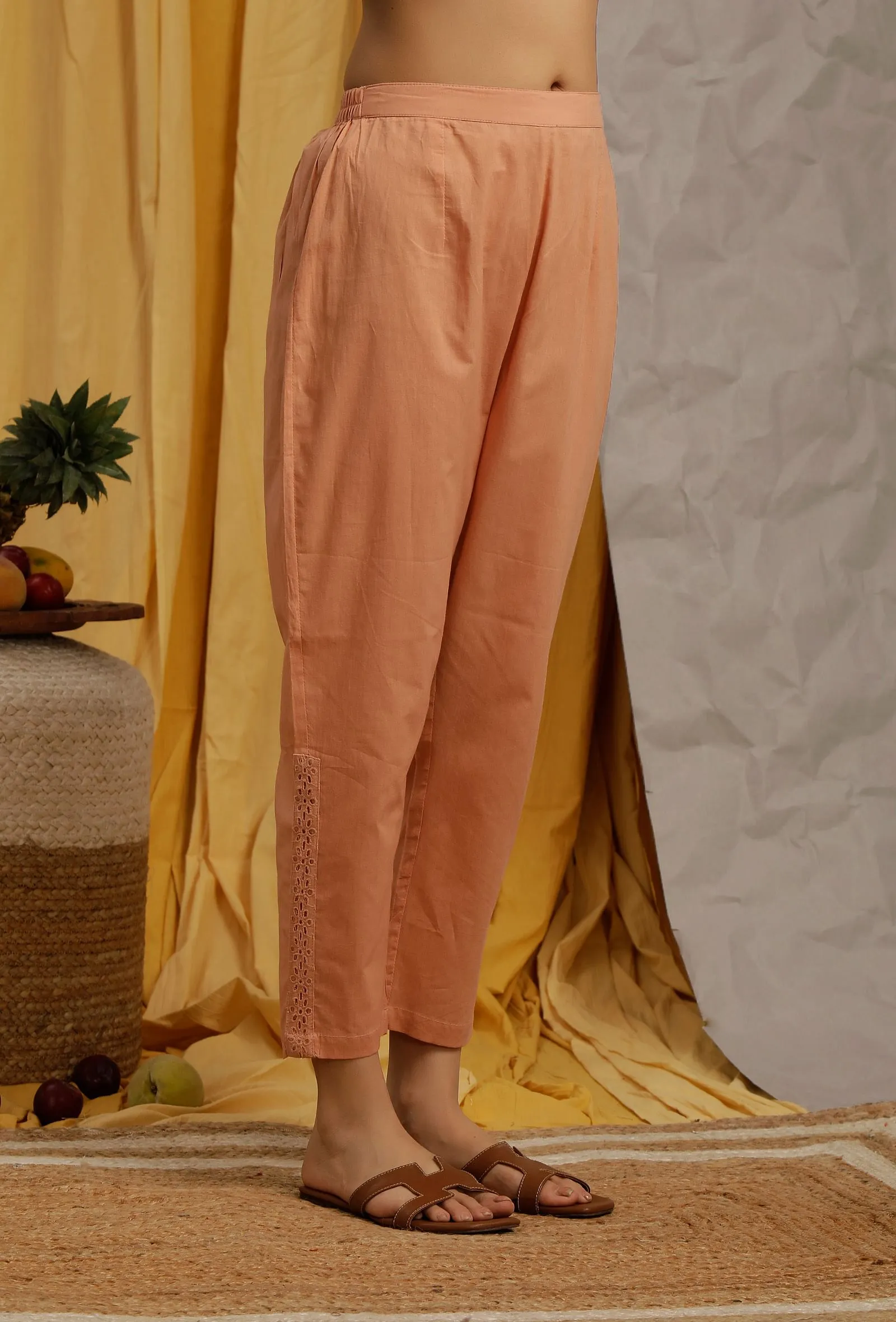 Peach Cotton Schiffli Straight Narrow Pants