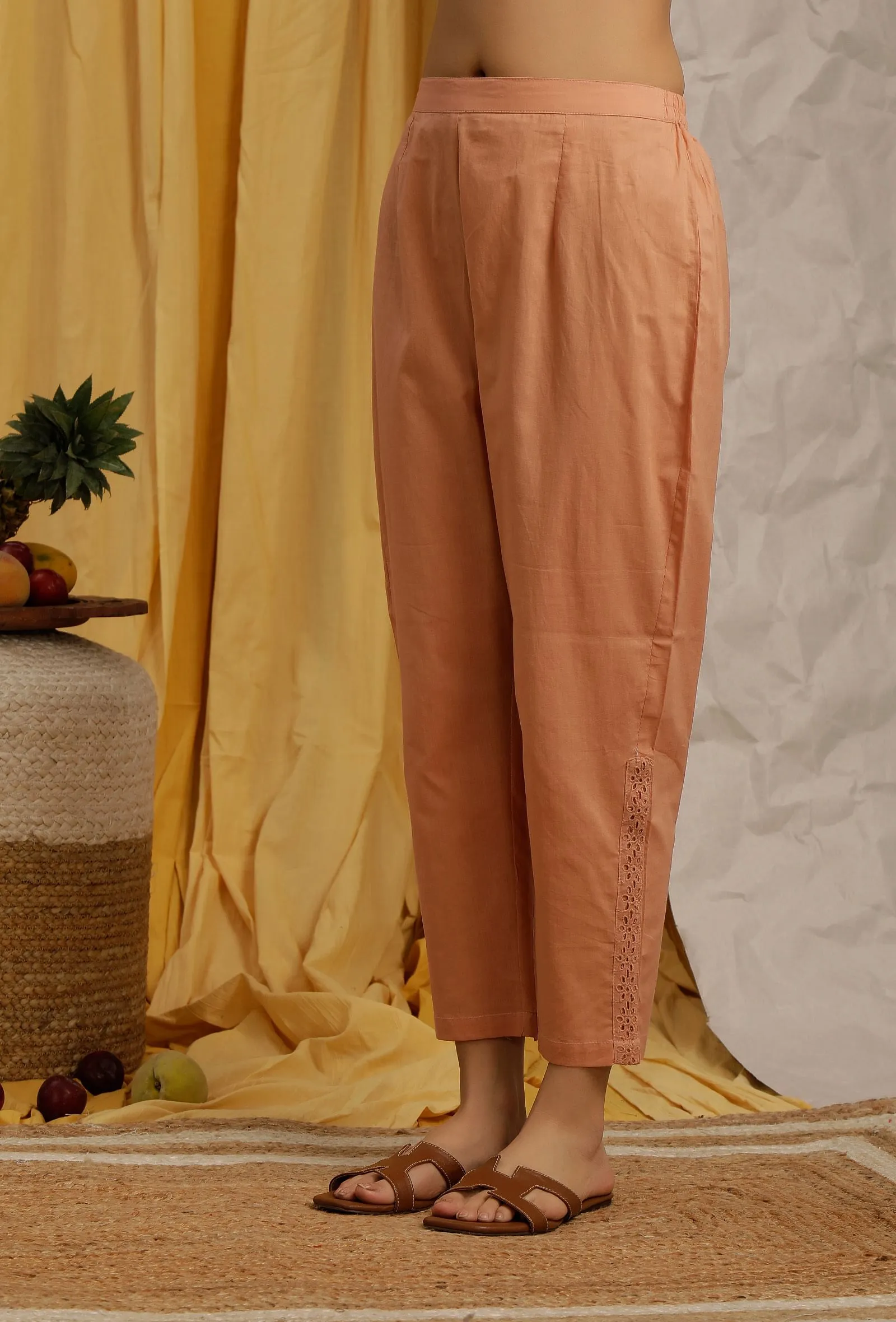 Peach Cotton Schiffli Straight Narrow Pants