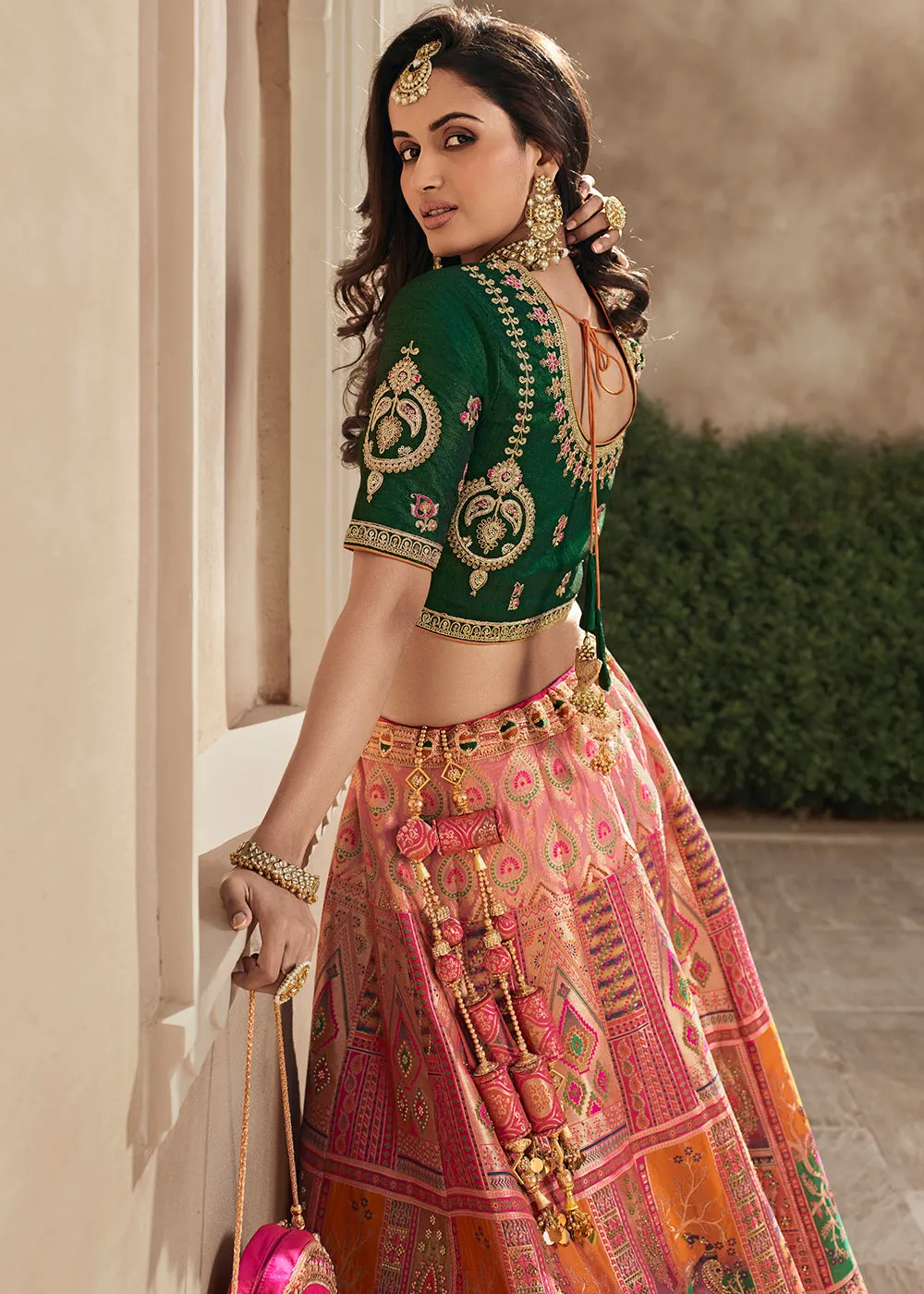 Pink & Green Heavy Embroidery Banarasi Silk lehenga Choli