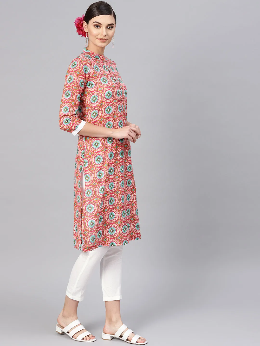 Pink Floral Straight Kurta With White Pants