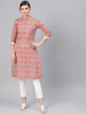 Pink Floral Straight Kurta With White Pants