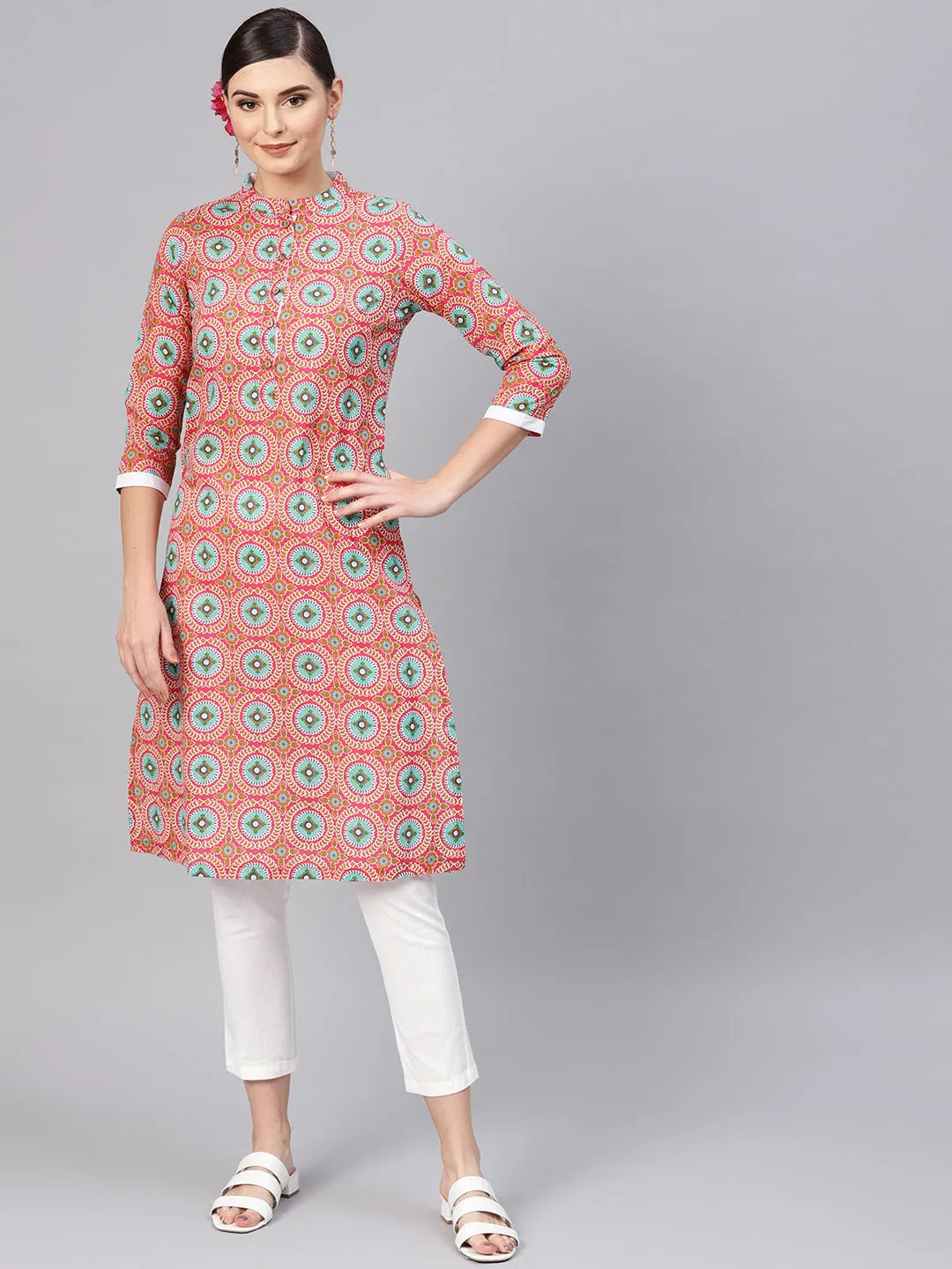 Pink Floral Straight Kurta With White Pants