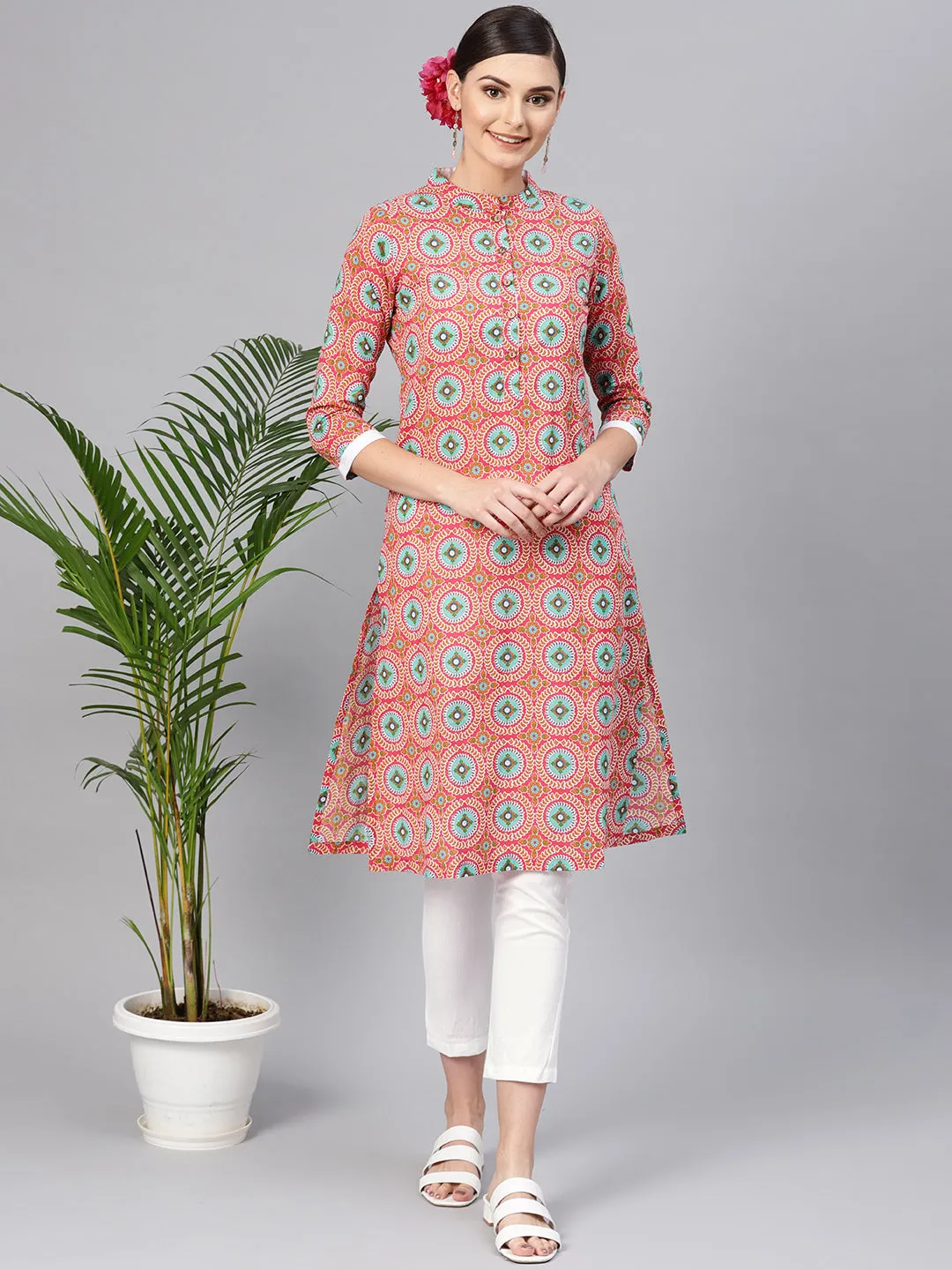 Pink Floral Straight Kurta With White Pants