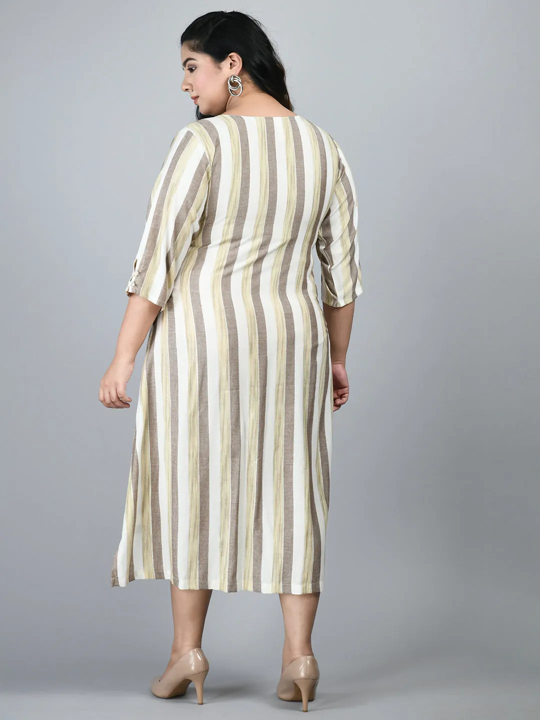 Plus Size Plus Size Striped Beige Midi Dress