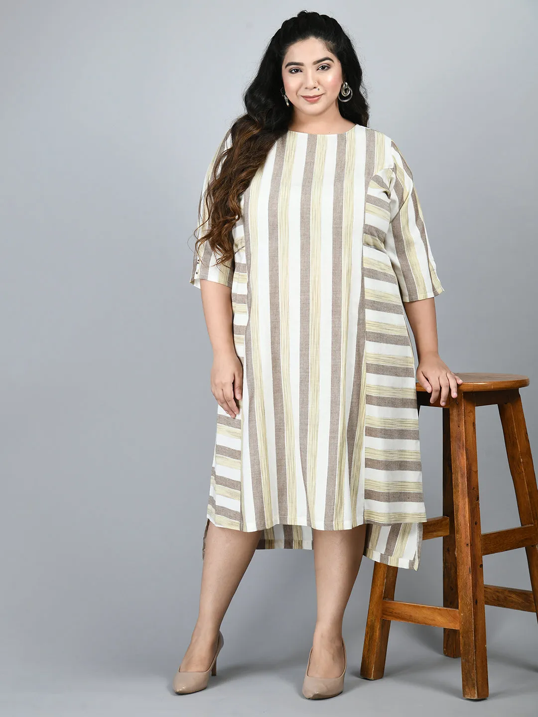 Plus Size Plus Size Striped Beige Midi Dress