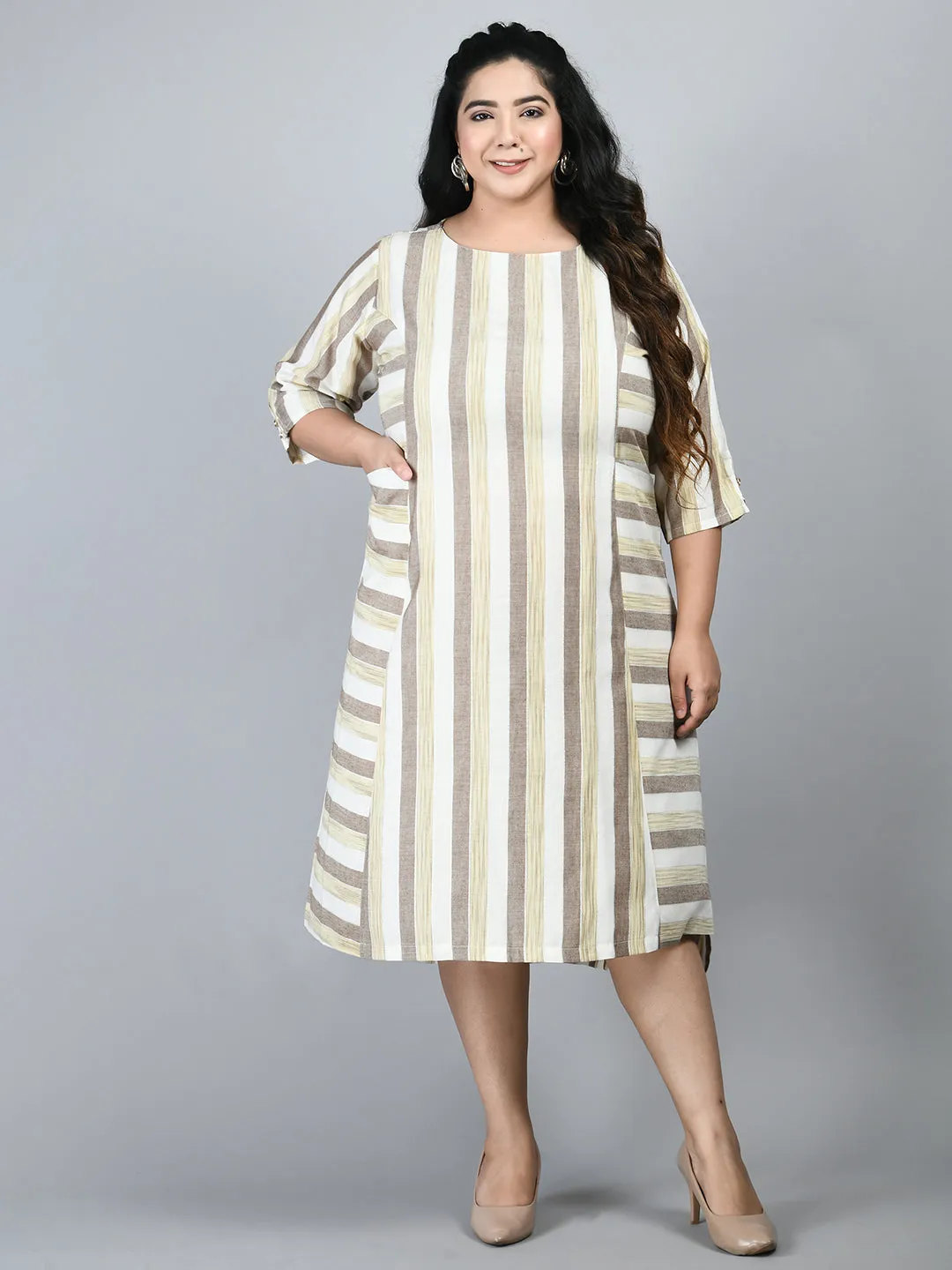 Plus Size Plus Size Striped Beige Midi Dress