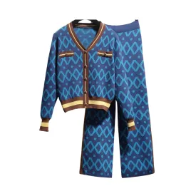 Pre Order:  Geometric Cardigan Pants Knitted Set