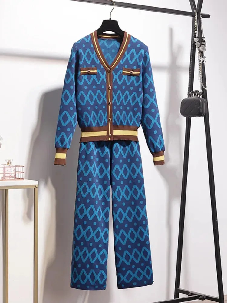 Pre Order:  Geometric Cardigan Pants Knitted Set