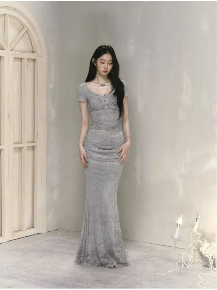 Printed draped a-line long half-body skirt【s0000009597】