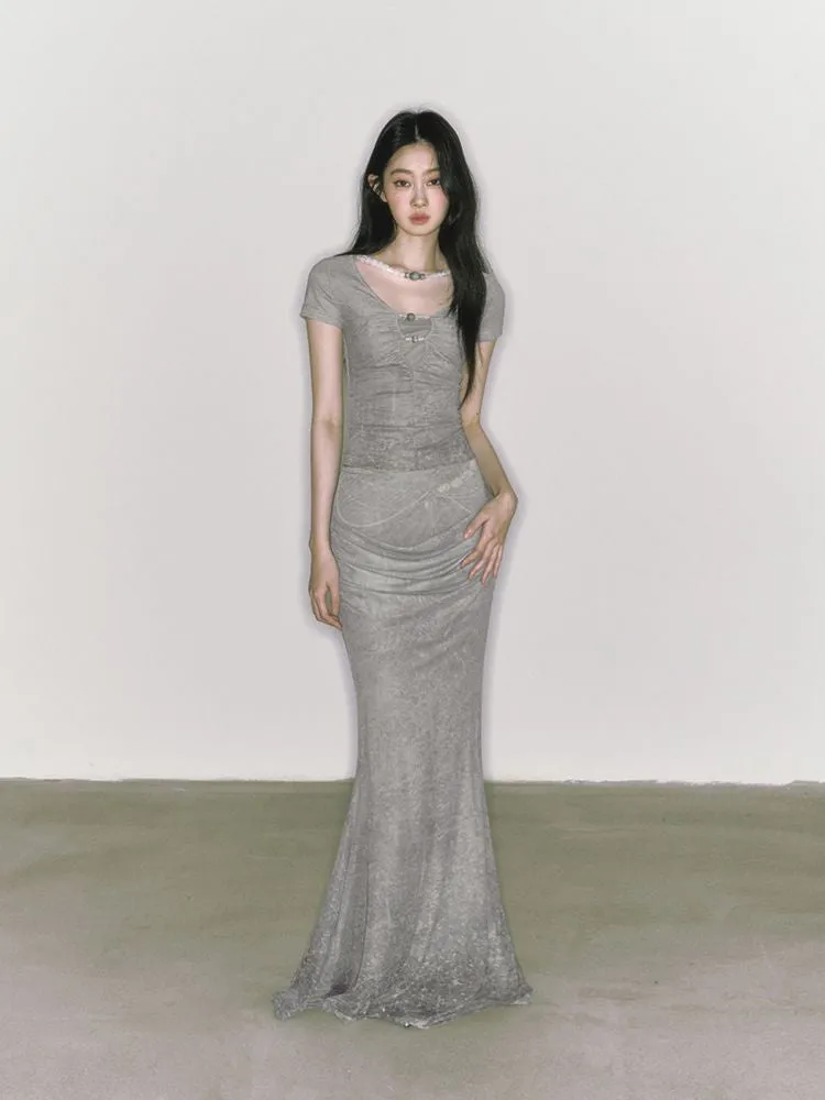 Printed draped a-line long half-body skirt【s0000009597】