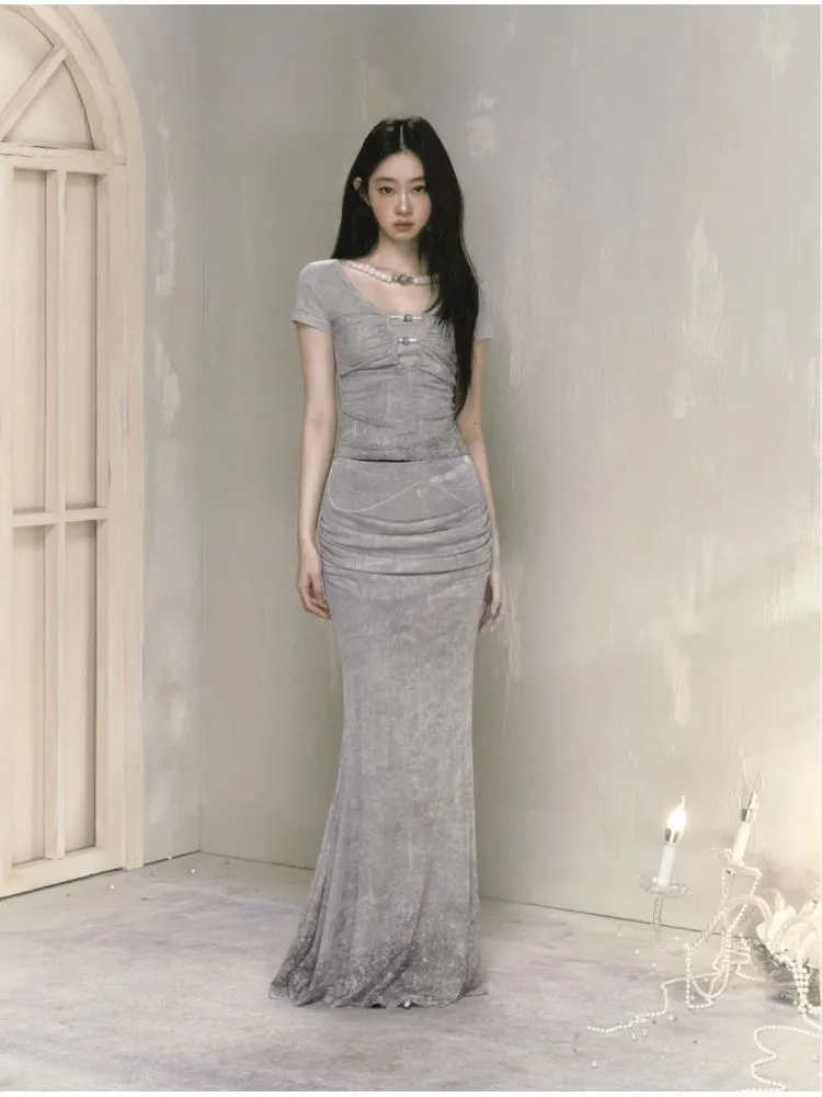 Printed draped a-line long half-body skirt【s0000009597】