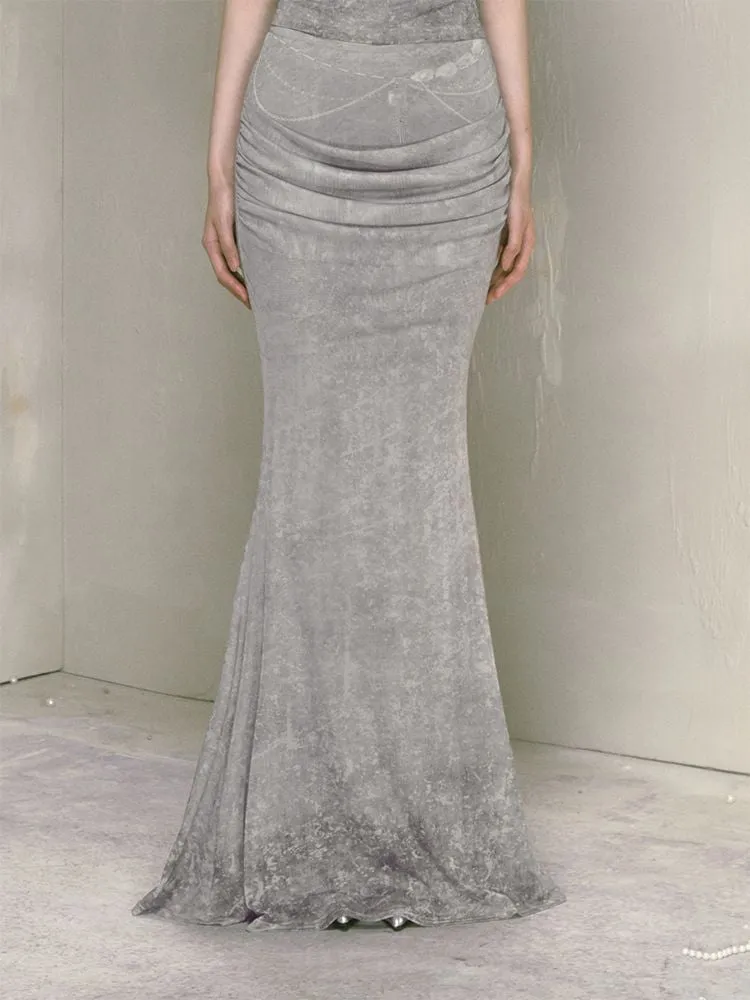 Printed draped a-line long half-body skirt【s0000009597】