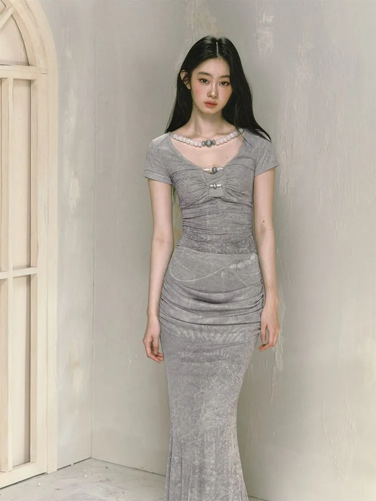 Printed draped a-line long half-body skirt【s0000009597】