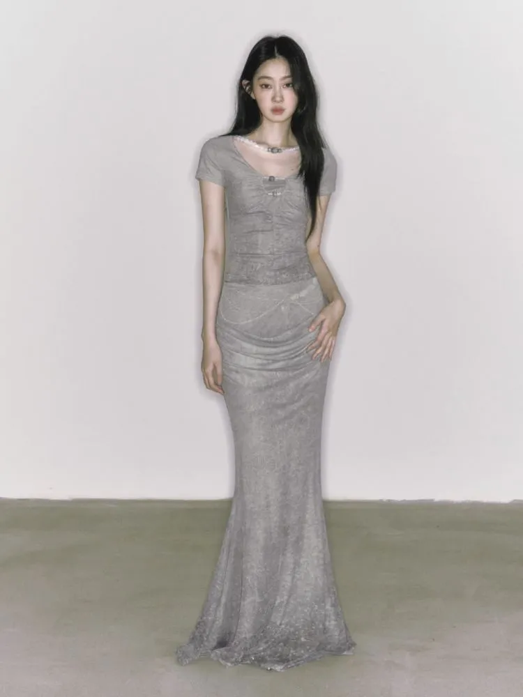 Printed draped a-line long half-body skirt【s0000009597】