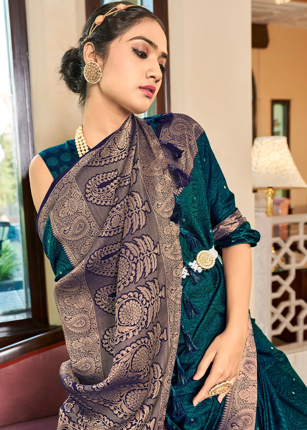 Prussian Blue Woven Two Tone Soft Silk Saree
