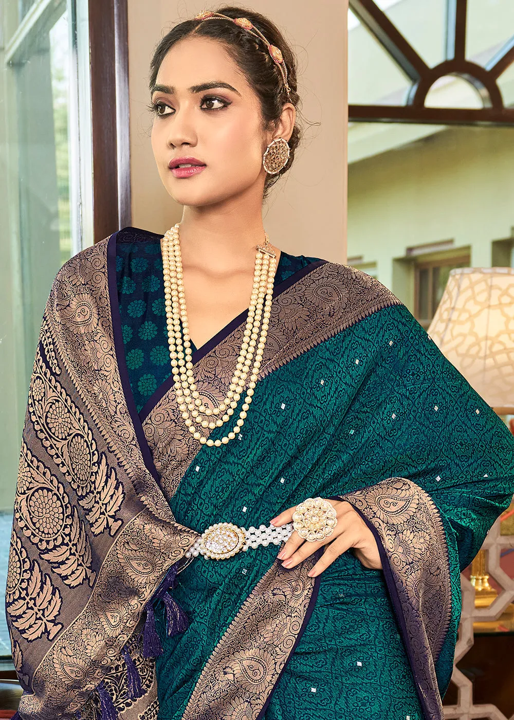Prussian Blue Woven Two Tone Soft Silk Saree