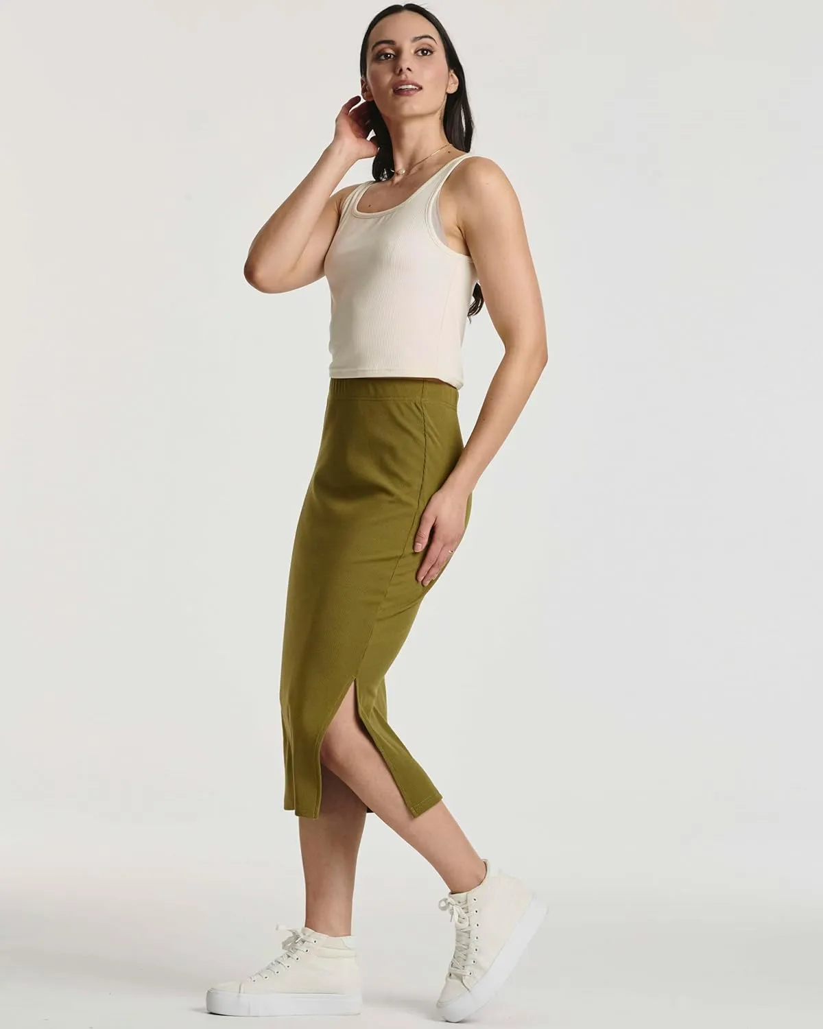 Real Essentials 3 Pack: Women's Midi Ribbed Knit Skirt with Side Slit - Stretchy Work Business Casual Pencil Pull-On Skirts