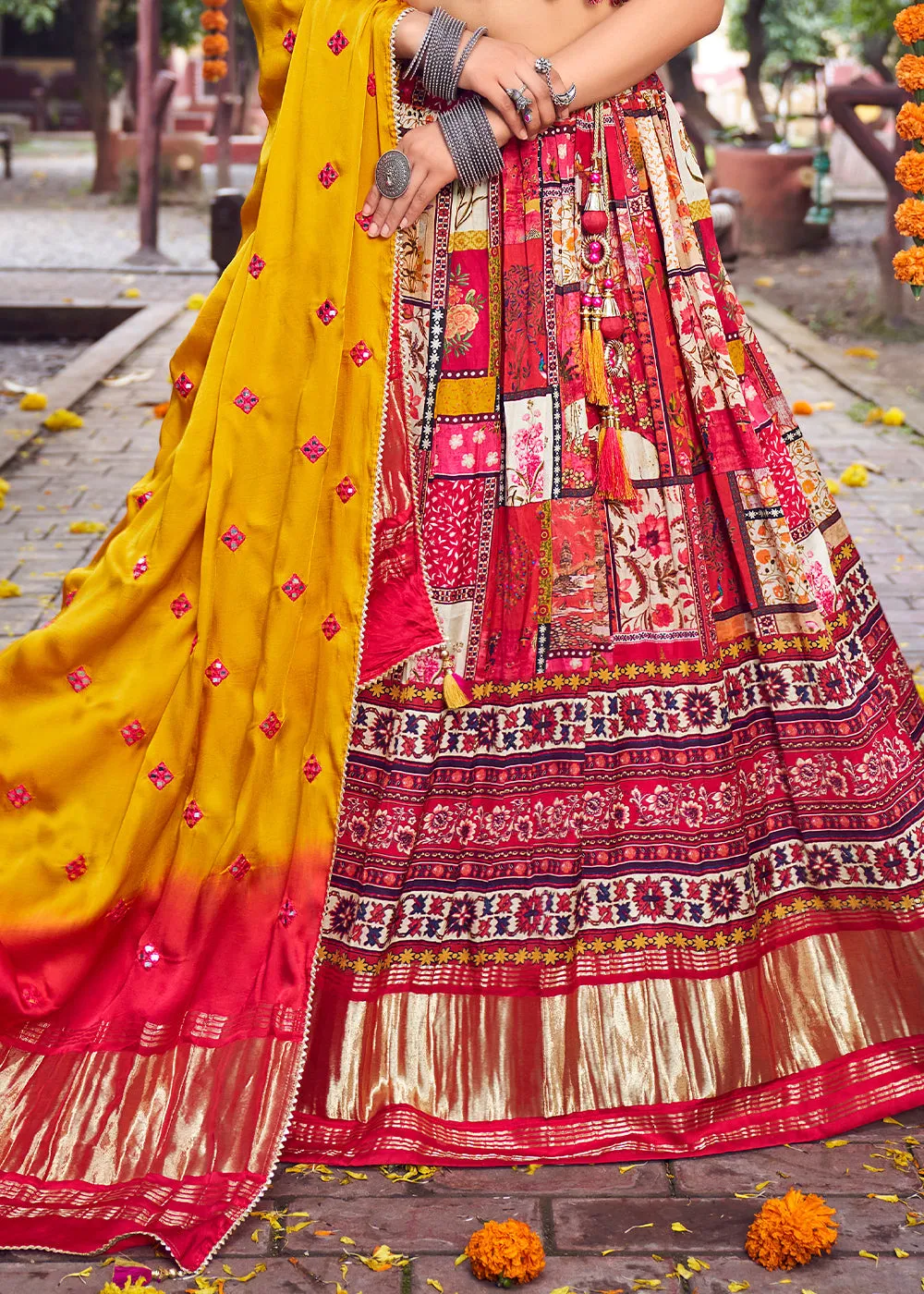 Red & Yellow Ready to Wear Designer Silk Lehenga Choli