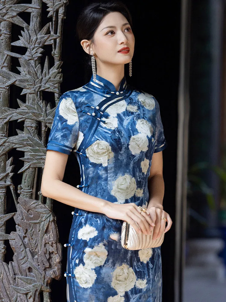 Romantic Blue Floral Vintage Qipao Cheongsam Dress for Women