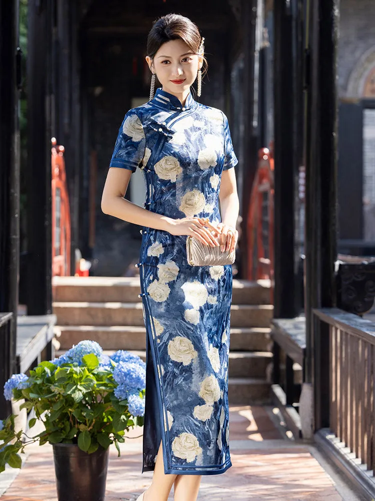 Romantic Blue Floral Vintage Qipao Cheongsam Dress for Women