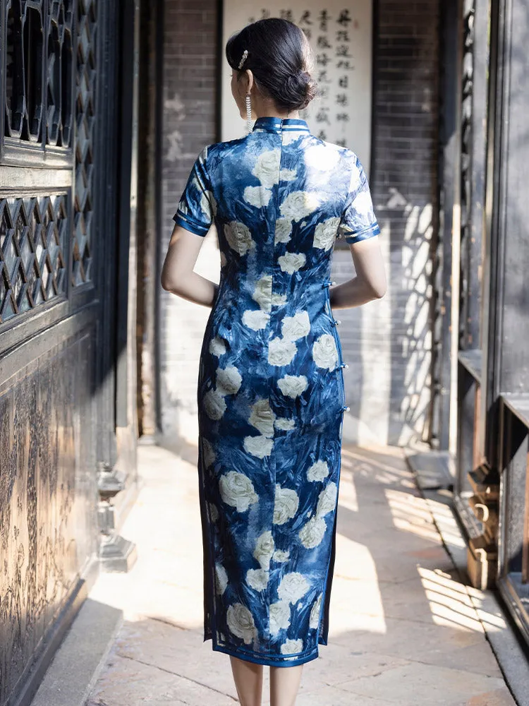 Romantic Blue Floral Vintage Qipao Cheongsam Dress for Women