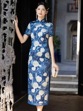 Romantic Blue Floral Vintage Qipao Cheongsam Dress for Women