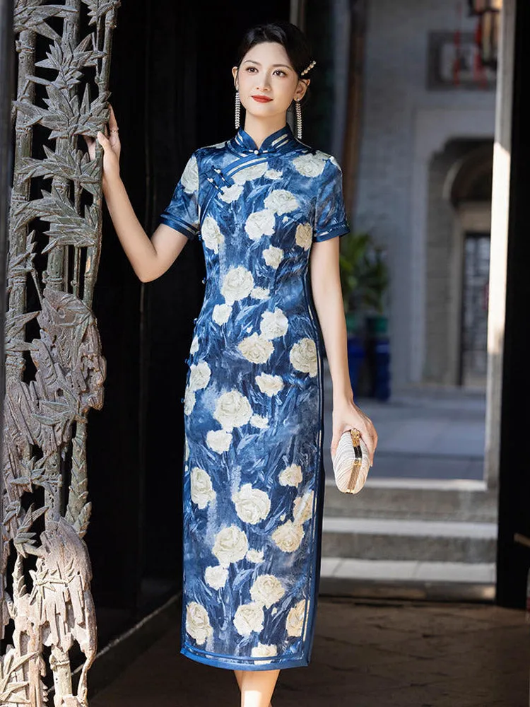 Romantic Blue Floral Vintage Qipao Cheongsam Dress for Women