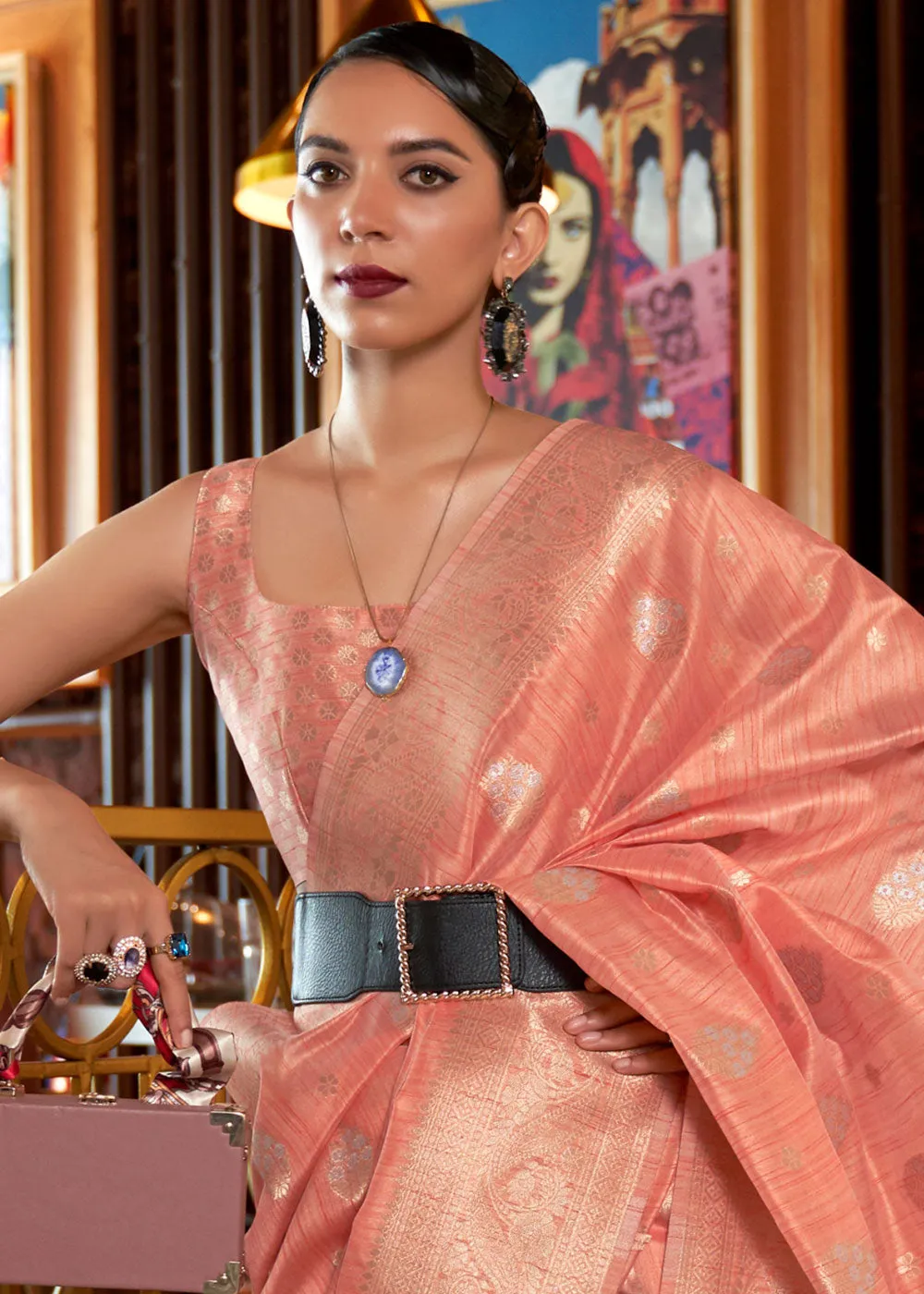 Salmon Pink Handloom Weaving Tussar Silk Saree