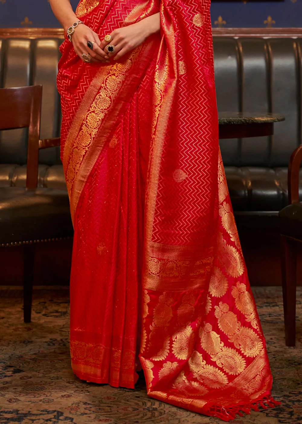 Scarlet Red Designer Satin Silk Saree