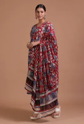 Set Of 3: Blue & Maroon Cotton Hand Embroidered Dress With Pant & Dupatta