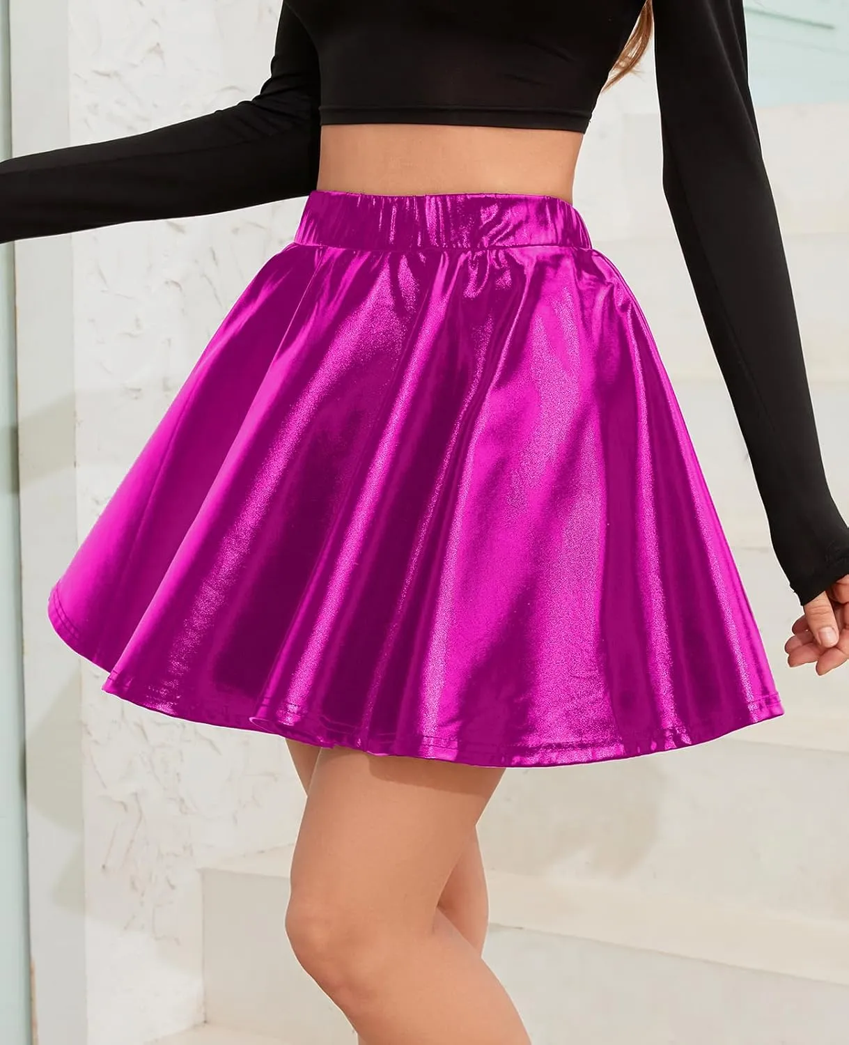 Shiny Pleated Mini Skirt Metallic Skater Skirt, Great for Concerts and Cheerleader - Classic Style, Sparkly Skirt