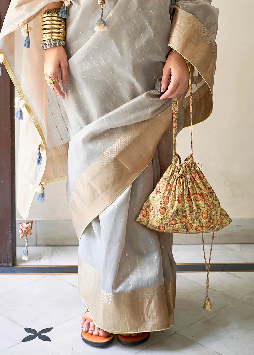 Smoke Grey Zari Weaving Tissue Silk Saree with kalamkari Print Blouse